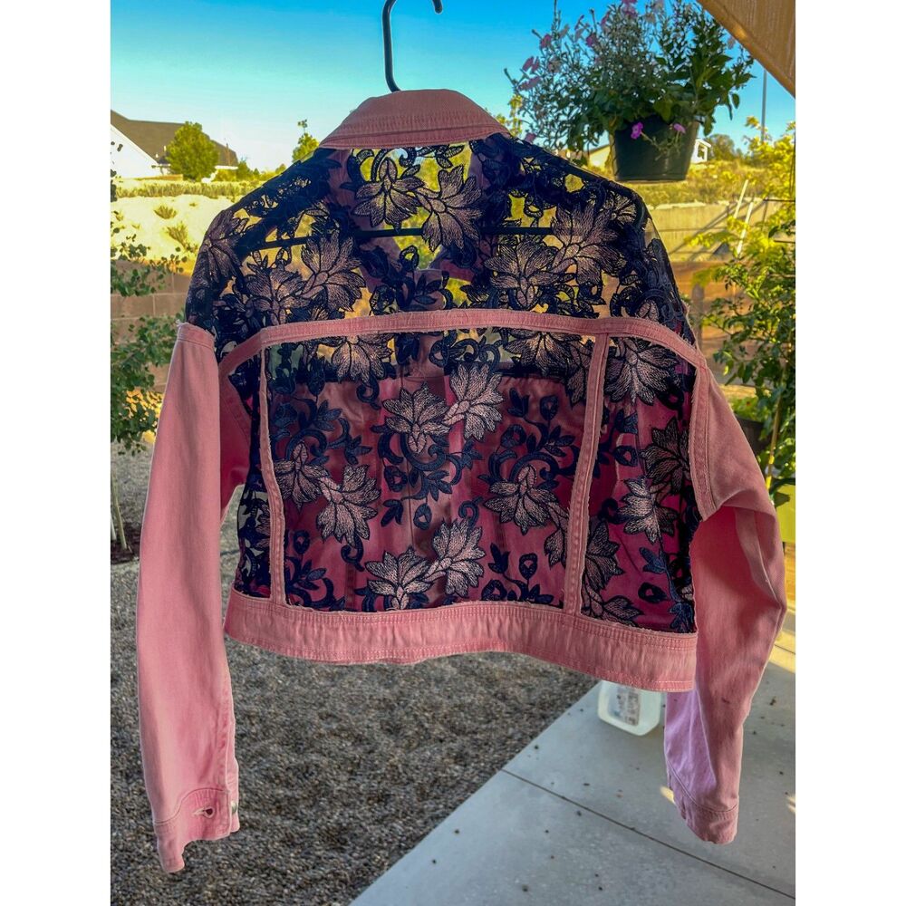 Upcycled Jean Jacket with Windowpane Lace Inserts, size M (7-9)